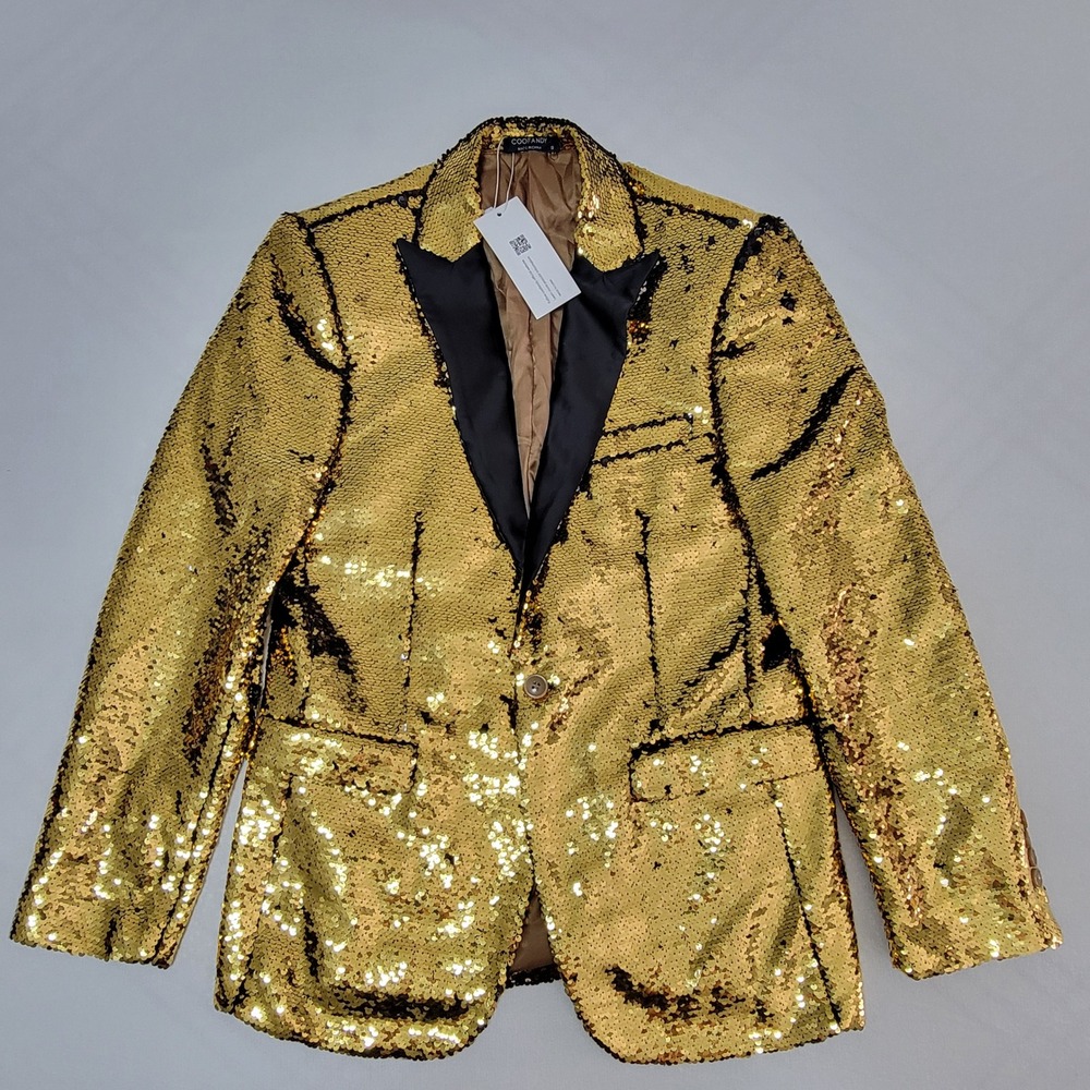 NWT Coofandy Sequin Blazer Gold Men's S Disco Glam Party Nightclub Performance